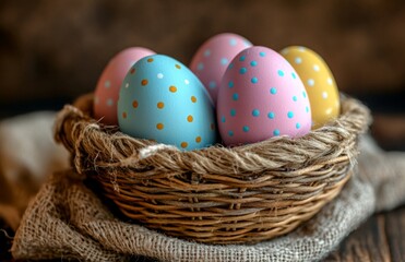 Easter eggs in a basket with pastel colors on a wooden table