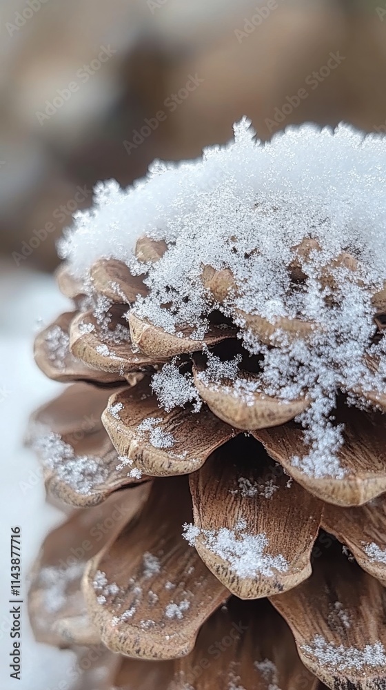 Poster macro shot captures a pinecone delicately adorned with fresh fallen snow amidst a tranquil winter la