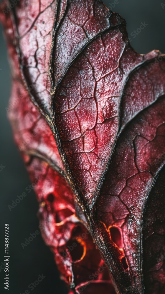 Poster Macro shot of a vibrant red autumn leaf showcasing intricate details and textures against a dark backdrop