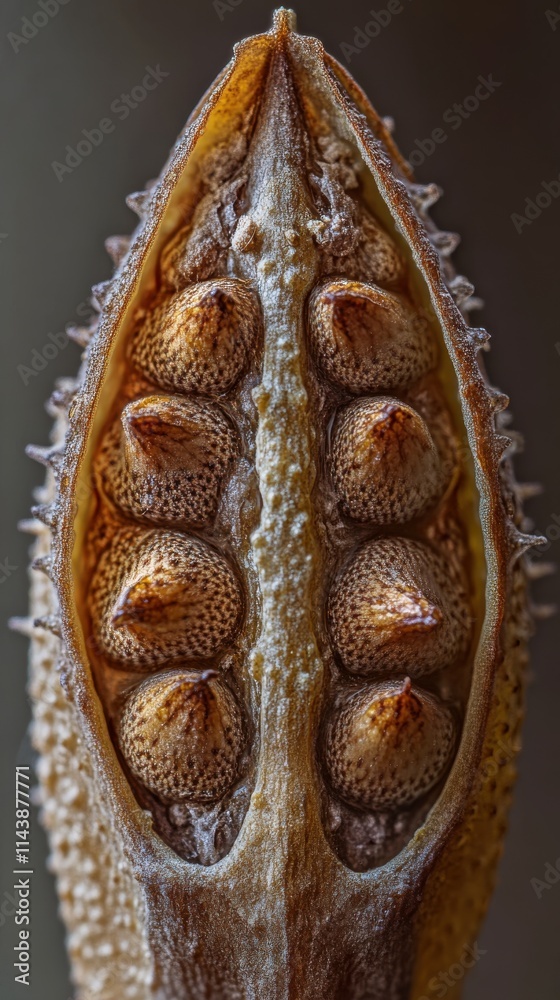 Poster Detailed macro shot of a seed pod showcasing unique textures and patterns of seeds in natural light