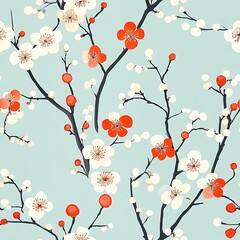 Elegant Blossom Pattern with Red and White Flowers on Blue Background