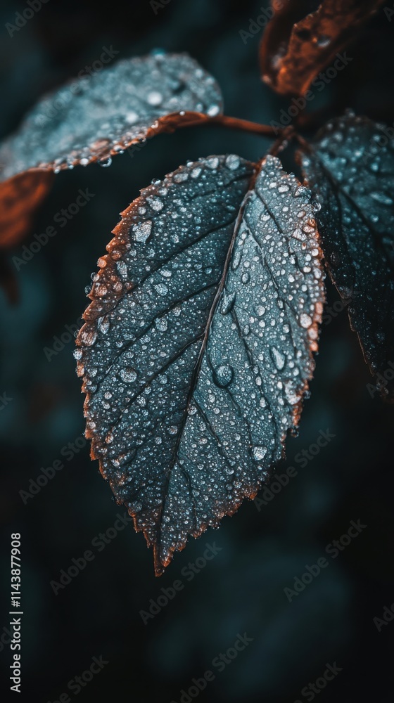 Poster Raindrops create a stunning macro view of a leaf in a tranquil garden setting during early morning hours