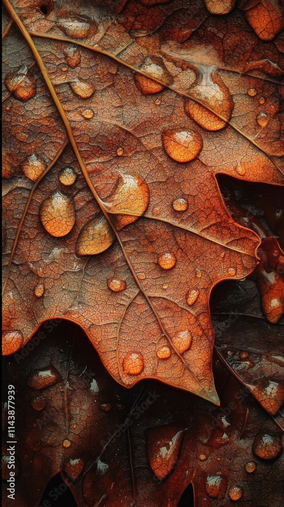 Poster macro shot of a leaf with vibrant raindrops highlighting intricate details in nature