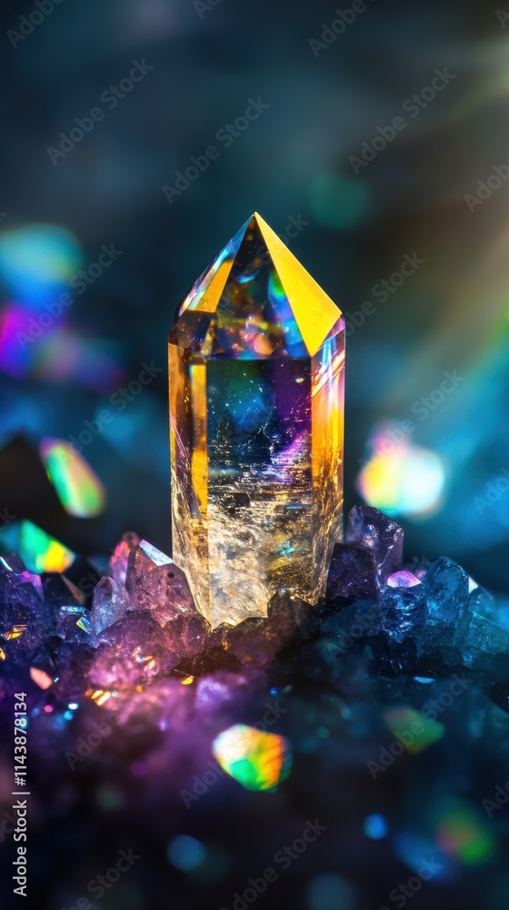 Poster macro view of a stunning crystal with perfect geometric shapes illuminated by colorful reflections