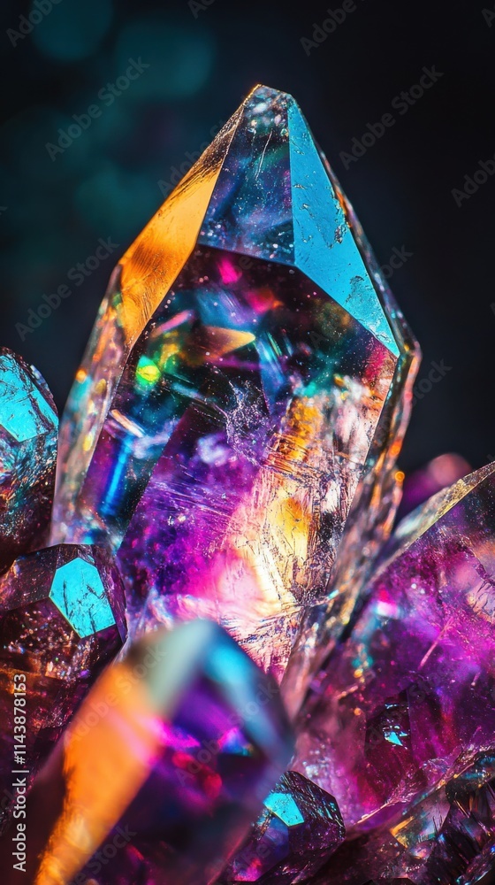 Poster captivating macro shot of a colorful crystal showcasing perfect geometric shapes and vibrant reflect
