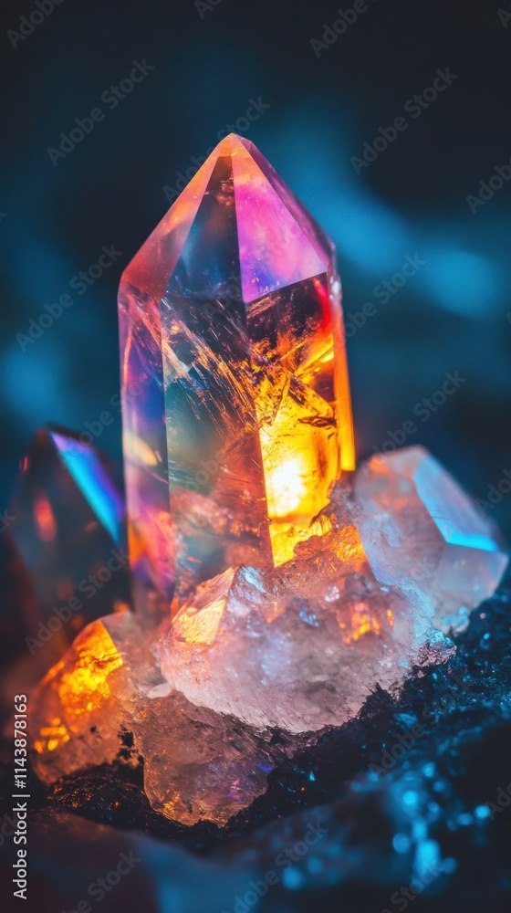 Poster stunning macro shot showcases a crystal with perfect geometric shapes and vibrant colors lit from wi