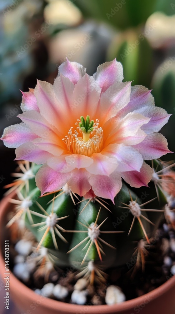 Poster macro shot of a vibrant cactus flower revealing intricate details and colors in a natural setting