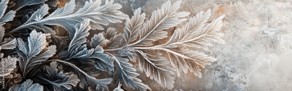 Poster Frost-covered leaves create intricate patterns during a chilly winter morning in a forest setting