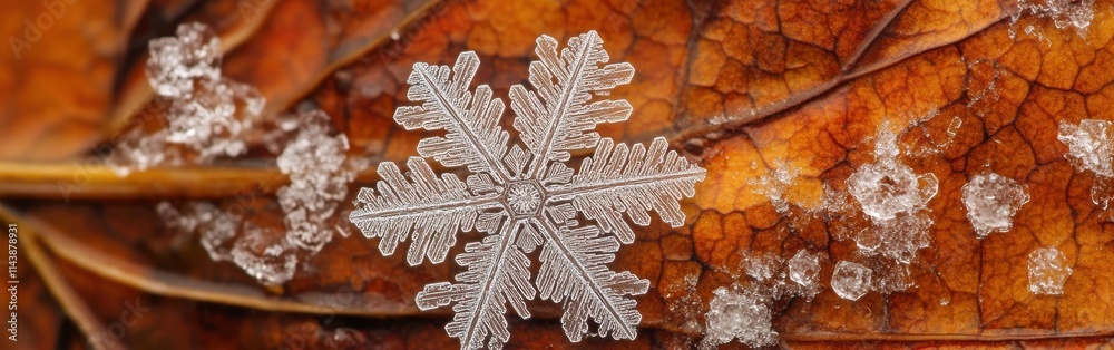 Aufkleber detailed macro view of a delicate snowflake resting on a vibrant autumn leaf