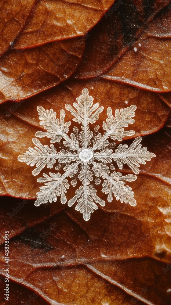 Aufkleber unique snowflake resting on autumn leaves creates stunning contrast of textures and colors in nature