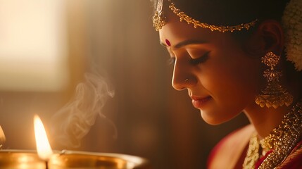 Indian woman in red sari with namaste gesture and marigolds, horizontal, ideal for Hindu festivals, temple ceremonies, religious greetings, spiritual celebrations and cultural events