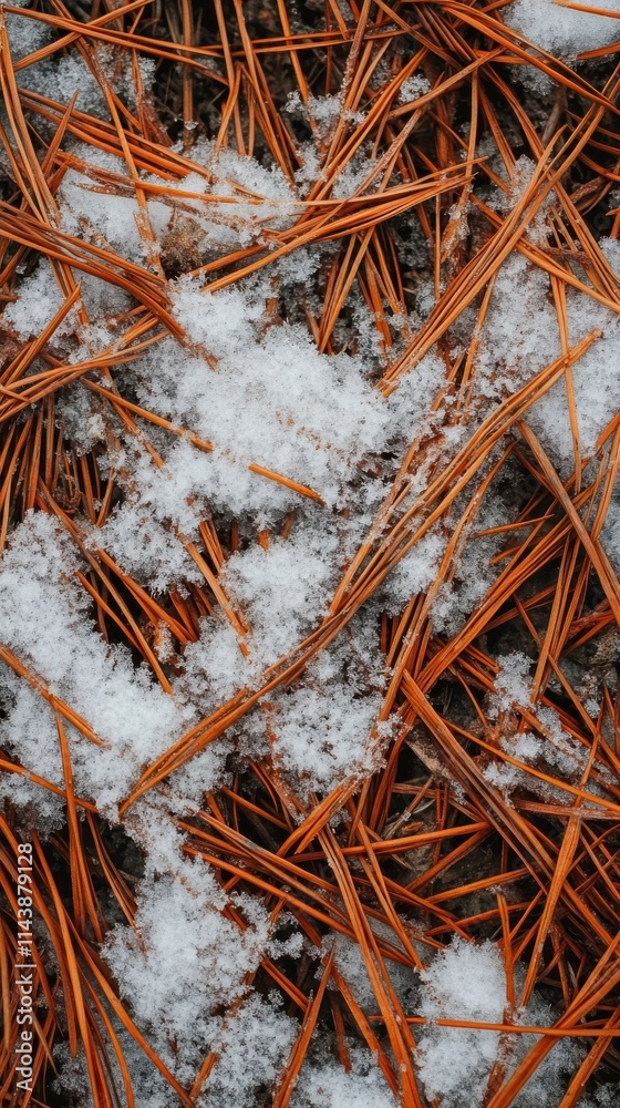 Poster macro view of a snow-covered forest floor with orange pine needles and white snowflakes during winte
