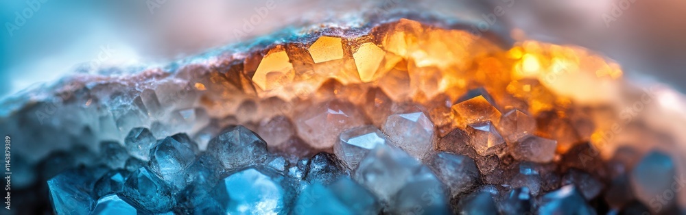 Poster macro exploration of a stunning crystal geode highlighting vibrant colors and intricate formations