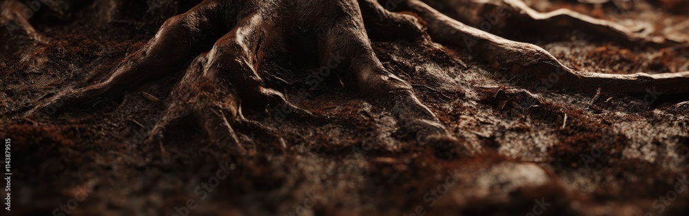 Poster intricate tree roots intertwine amidst rough soil in vibrant natural setting during golden hour