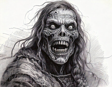 Black and White Illustration of a Zombie Monster