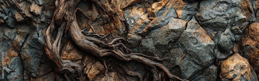 Poster tree roots intricately intertwining over rugged rocks in a natural landscape