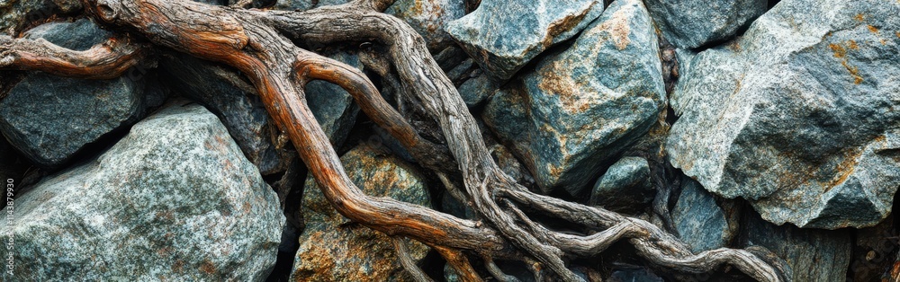 Poster Tree roots intertwining with rocks in a natural landscape during daytime