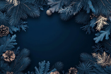 A festive Christmas frame with fir branches, cones, and colorful ornaments, set against a wintery background with snowflakes and pine trees, perfect for a holiday greeting card design,Generated By Ai