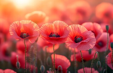 Obraz premium Vivid Red Poppies with Glowing Sunset Sky Backdrop