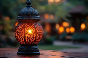 lantern on the wood table with copyspace