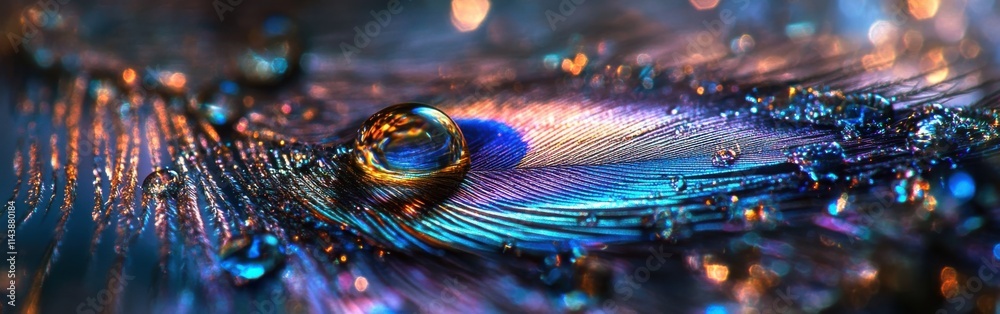 Fototapete macro view of a peacock feather displaying iridescent colors and water droplets at dawn