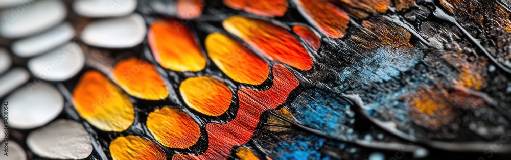 Poster close-up view of a vibrant butterfly wing showcasing intricate patterns and colors in natural light