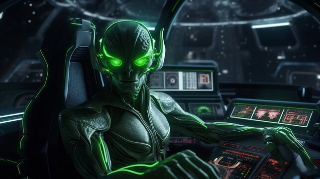 A glowing green alien navigating the high tech controls and displays of a futuristic spacecraft cockpit in an advanced interstellar setting