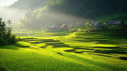 Fototapeta premium A serene landscape of lush green rice terraces, bathed in soft sunlight, with traditional houses nestled in the hills.