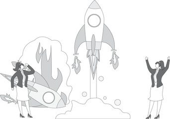 The success and failure of the new project startup, the businesswoman successfully launched the rocket, and the rocket launched by another businesswoman failed and crashed