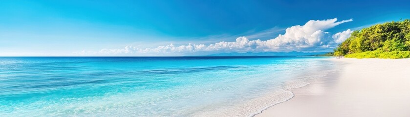 A stunning beach scene with crystal-clear turquoise water, white sandy shores, and lush palm trees under a bright blue sky.