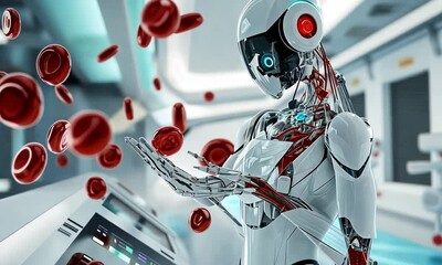 A futuristic robot interacts with red blood cells in a high-tech medical environment. - Powered by Adobe