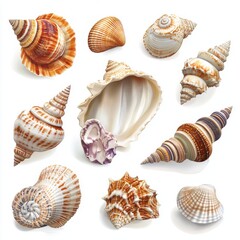 Collection set of seashells isolated on white background