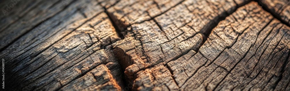 Poster close-up view of textured wood revealing intricate patterns and natural cracks in sunlight