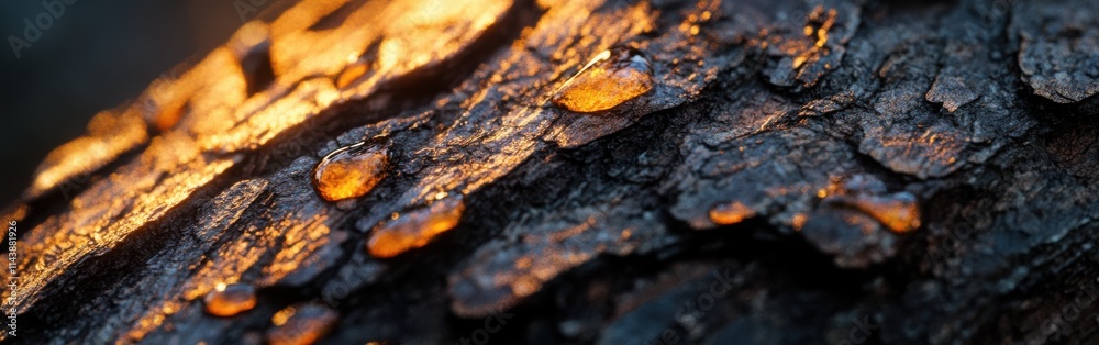 Poster Detailed close-up of textured pine tree bark illuminated by warm light at dusk in a forest setting