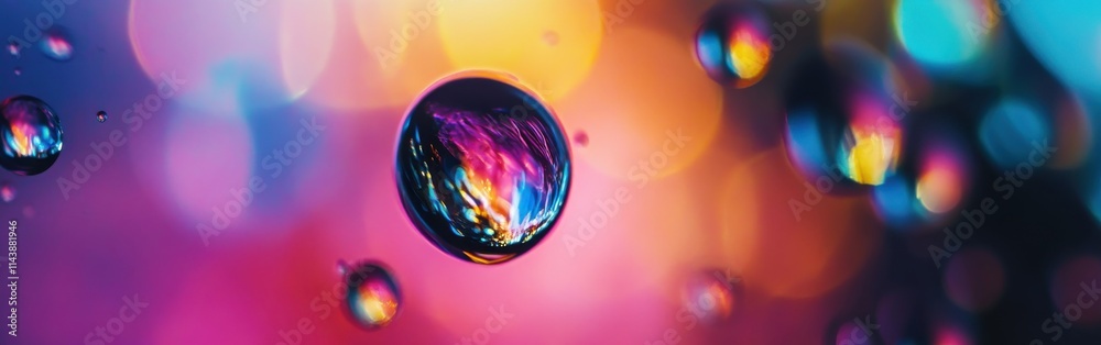 Poster Close-up of a vibrant water droplet reflecting colorful lights against a blurred background in a creative setting
