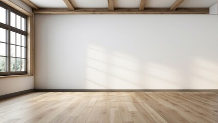 Empty room with hardwood floor and wooden beams