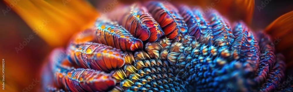 Poster close-up view of a sunflower head revealing its intricate patterns and vibrant colors in full bloom 