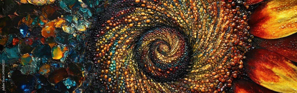 Poster Close-up view of sunflower head showcasing intricate patterns and textures in vibrant colors