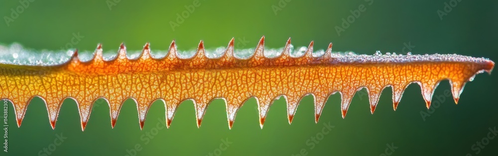 Poster close-up exploration of a leaf's jagged edge revealing intricate textures and dewdrops at dawn