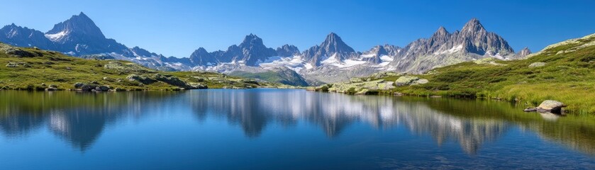 A stunning panoramic view of majestic mountains reflecting in a serene lake under a clear blue sky, surrounded by lush greenery.
