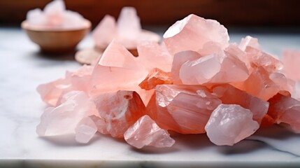 Artful arrangement of Himalayan pink salt rocks and scattered grains on a sleek marble countertop  This natural