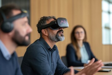 Businessman experiencing virtual reality during a meeting with colleagues