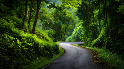 Fototapeta premium Serpentine Forest Path: A Scenic Mountain Road Winding Through Lush Greenery and Golden Sunlight