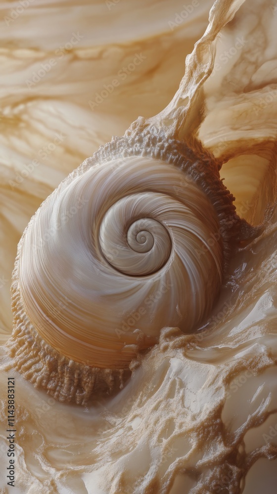 Aufkleber Detailed close-up of a snail shell showcasing intricate patterns and textures in a natural setting