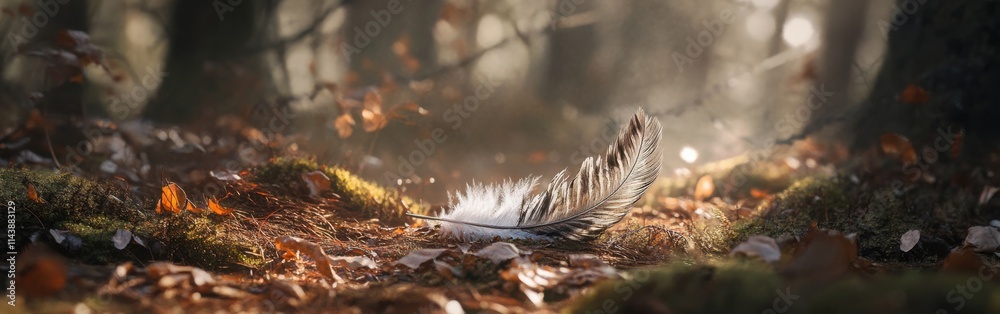 Poster Intricate detail of a feather resting on forest floor with sunlight filtering through trees