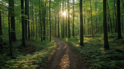 Obraz premium Serene Forest Pathway at Sunrise, Bathed in Golden Light, Surrounded by Lush Green Trees and Vibrant Foliage, Perfect for Nature Lovers and Outdoor Enthusiasts