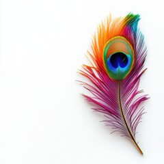 A vibrant and colorful feather showcasing a spectrum of green, blue, yellow, and orange hues, perfect for artistic or natural themes.