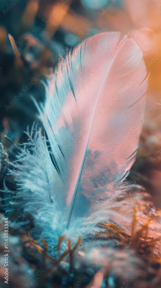 Poster detailed macrophotograph captures the delicate textures and colors of a feather nestled among moss i
