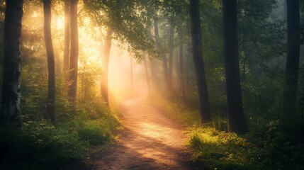 Fototapeta premium Serene Forest Path at Dawn with Misty Light Filtering Through Trees Creating a Magical Atmosphere in Nature's Embrace