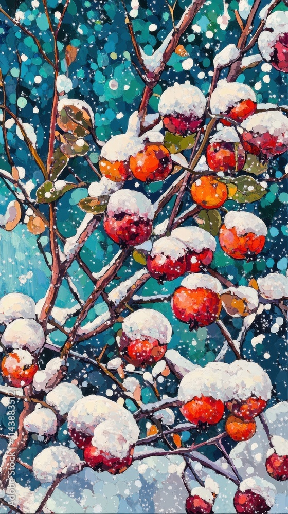 Poster winter berries covered in snow create a vibrant contrast against a frosty background in a tranquil w